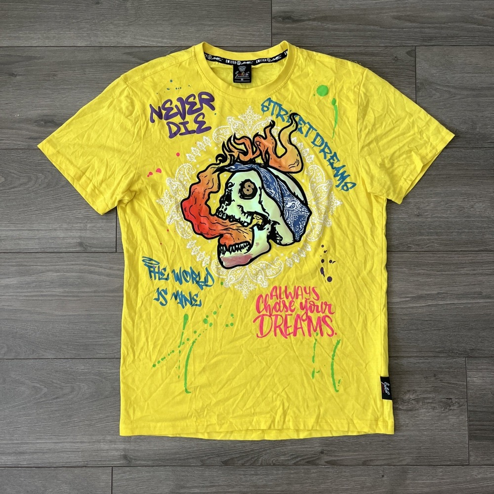 Switch Remarkable Mens M T Shirt Yellow Graffiti Embroidered Skull Graphic
